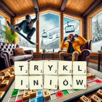 Kreatywna ilustracja do gry w Scrabble ze słowem TRYKLINIÓW ułożonym z płytek na planszy.