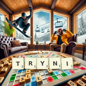 Kreatywna ilustracja do gry w Scrabble ze słowem TRYNI ułożonym z płytek na planszy.