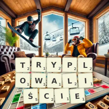 Kreatywna ilustracja do gry w Scrabble ze słowem TRYPLOWALIŚCIE ułożonym z płytek na planszy.
