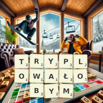 Kreatywna ilustracja do gry w Scrabble ze słowem TRYPLOWAŁOBYM ułożonym z płytek na planszy.