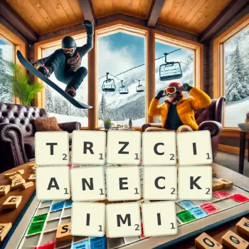 Kreatywna ilustracja do gry w Scrabble ze słowem TRZCIANECKIMI ułożonym z płytek na planszy.