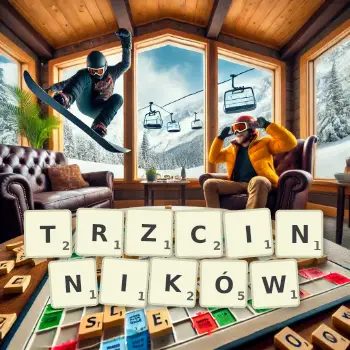 Kreatywna ilustracja do gry w Scrabble ze słowem TRZCINNIKÓW ułożonym z płytek na planszy.