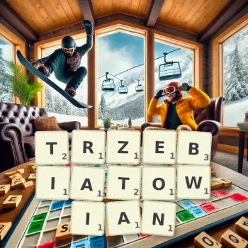 Kreatywna ilustracja do gry w Scrabble ze słowem TRZEBIATOWIAN ułożonym z płytek na planszy.