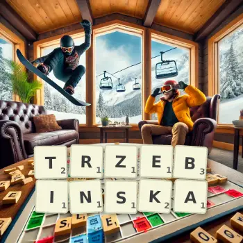 Kreatywna ilustracja do gry w Scrabble ze słowem TRZEBINSKA ułożonym z płytek na planszy.