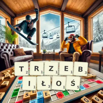 Kreatywna ilustracja do gry w Scrabble ze słowem TRZEBIŁOŚ ułożonym z płytek na planszy.