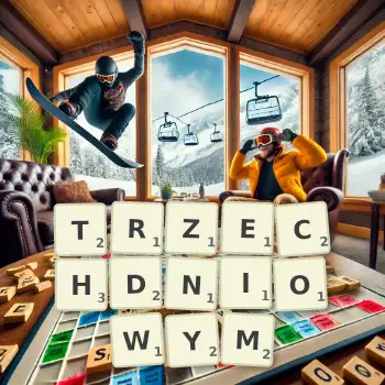 Kreatywna ilustracja do gry w Scrabble ze słowem TRZECHDNIOWYM ułożonym z płytek na planszy.