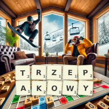 Kreatywna ilustracja do gry w Scrabble ze słowem TRZEPAKOWY ułożonym z płytek na planszy.
