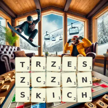 Kreatywna ilustracja do gry w Scrabble ze słowem TRZESZCZANSKICH ułożonym z płytek na planszy.