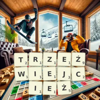 Kreatywna ilustracja do gry w Scrabble ze słowem TRZEŹWIEJCIEŻ ułożonym z płytek na planszy.