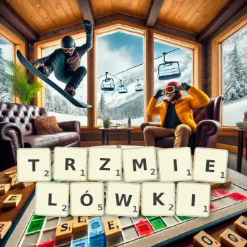 Kreatywna ilustracja do gry w Scrabble ze słowem TRZMIELÓWKI ułożonym z płytek na planszy.