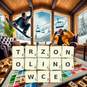 Kreatywna ilustracja do gry w Scrabble ze słowem TRZONOLINOWCE ułożonym z płytek na planszy.