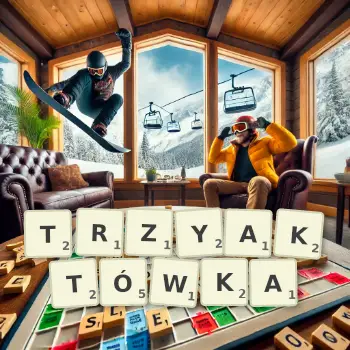 Kreatywna ilustracja do gry w Scrabble ze słowem TRZYAKTÓWKA ułożonym z płytek na planszy.