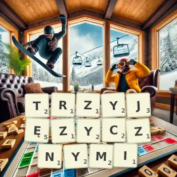 Kreatywna ilustracja do gry w Scrabble ze słowem TRZYJĘZYCZNYMI ułożonym z płytek na planszy.