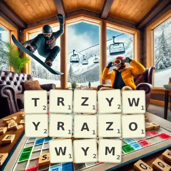 Kreatywna ilustracja do gry w Scrabble ze słowem TRZYWYRAZOWYM ułożonym z płytek na planszy.