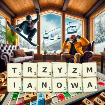 Kreatywna ilustracja do gry w Scrabble ze słowem TRZYZMIANOWA ułożonym z płytek na planszy.