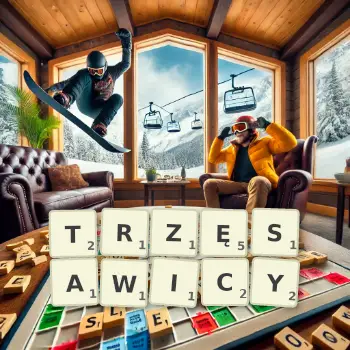 Kreatywna ilustracja do gry w Scrabble ze słowem TRZĘSAWICY ułożonym z płytek na planszy.