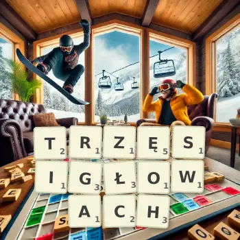 Kreatywna ilustracja do gry w Scrabble ze słowem TRZĘSIGŁOWACH ułożonym z płytek na planszy.