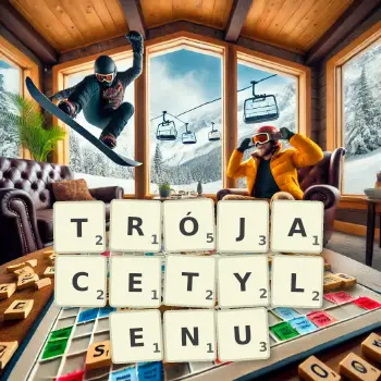 Kreatywna ilustracja do gry w Scrabble ze słowem TRÓJACETYLENU ułożonym z płytek na planszy.