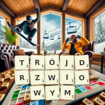 Kreatywna ilustracja do gry w Scrabble ze słowem TRÓJDRZWIOWYM ułożonym z płytek na planszy.