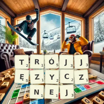 Kreatywna ilustracja do gry w Scrabble ze słowem TRÓJJĘZYCZNEJ ułożonym z płytek na planszy.