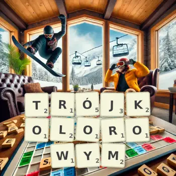 Kreatywna ilustracja do gry w Scrabble ze słowem TRÓJKOLOROWYM ułożonym z płytek na planszy.