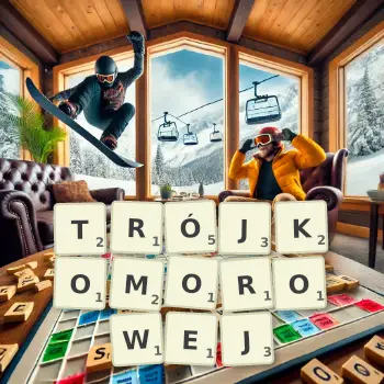 Kreatywna ilustracja do gry w Scrabble ze słowem TRÓJKOMOROWEJ ułożonym z płytek na planszy.