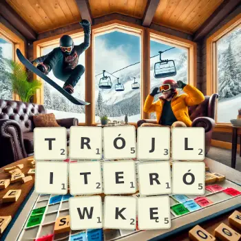 Kreatywna ilustracja do gry w Scrabble ze słowem TRÓJLITERÓWKĘ ułożonym z płytek na planszy.