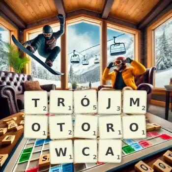Kreatywna ilustracja do gry w Scrabble ze słowem TRÓJMOTOROWCA ułożonym z płytek na planszy.
