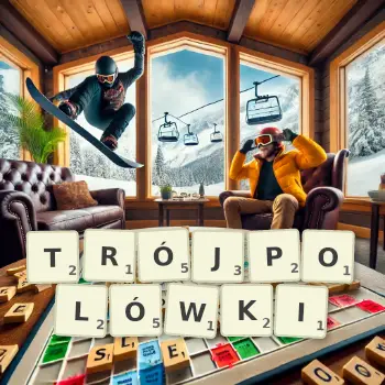 Kreatywna ilustracja do gry w Scrabble ze słowem TRÓJPOLÓWKI ułożonym z płytek na planszy.