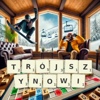 Kreatywna ilustracja do gry w Scrabble ze słowem TRÓJSZYNOWI ułożonym z płytek na planszy.