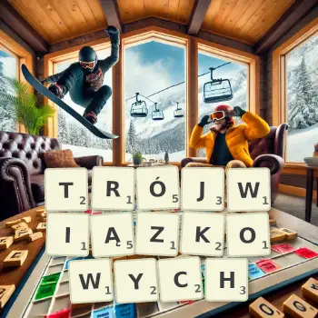 Kreatywna ilustracja do gry w Scrabble ze słowem TRÓJWIĄZKOWYCH ułożonym z płytek na planszy.