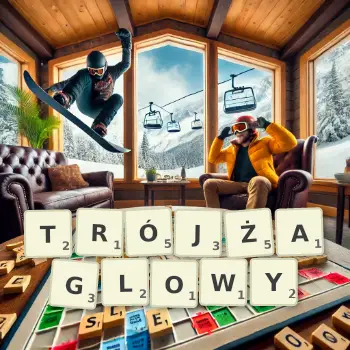 Kreatywna ilustracja do gry w Scrabble ze słowem TRÓJŻAGLOWY ułożonym z płytek na planszy.