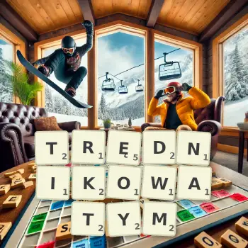 Kreatywna ilustracja do gry w Scrabble ze słowem TRĘDNIKOWATYM ułożonym z płytek na planszy.