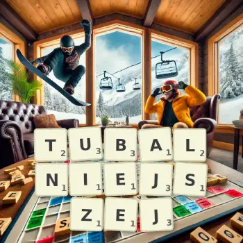 Kreatywna ilustracja do gry w Scrabble ze słowem TUBALNIEJSZEJ ułożonym z płytek na planszy.