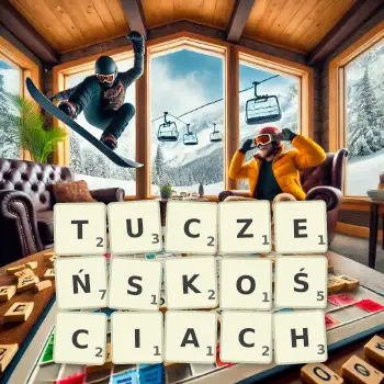 Kreatywna ilustracja do gry w Scrabble ze słowem TUCZEŃSKOŚCIACH ułożonym z płytek na planszy.