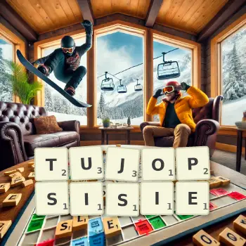 Kreatywna ilustracja do gry w Scrabble ze słowem TUJOPSISIE ułożonym z płytek na planszy.