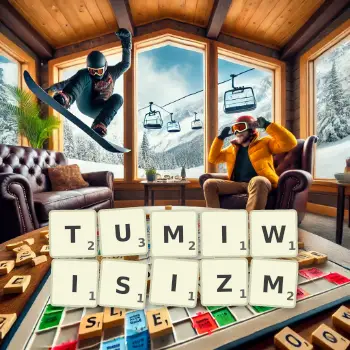Kreatywna ilustracja do gry w Scrabble ze słowem TUMIWISIZM ułożonym z płytek na planszy.
