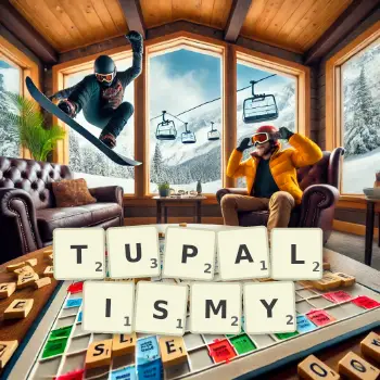 Kreatywna ilustracja do gry w Scrabble ze słowem TUPALISMY ułożonym z płytek na planszy.