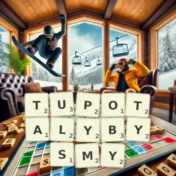 Kreatywna ilustracja do gry w Scrabble ze słowem TUPOTALYBYSMY ułożonym z płytek na planszy.