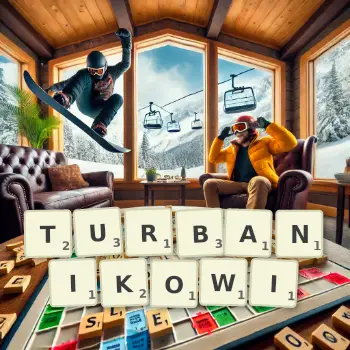 Kreatywna ilustracja do gry w Scrabble ze słowem TURBANIKOWI ułożonym z płytek na planszy.