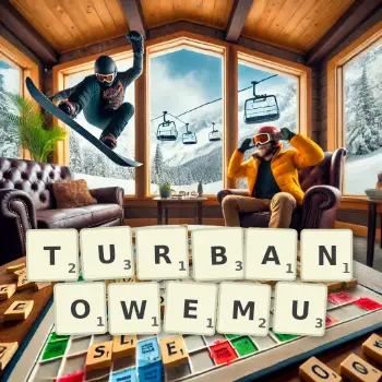 Kreatywna ilustracja do gry w Scrabble ze słowem TURBANOWEMU ułożonym z płytek na planszy.