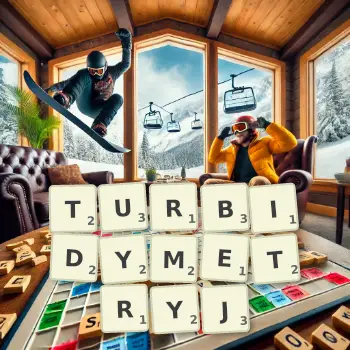 Kreatywna ilustracja do gry w Scrabble ze słowem TURBIDYMETRYJ ułożonym z płytek na planszy.