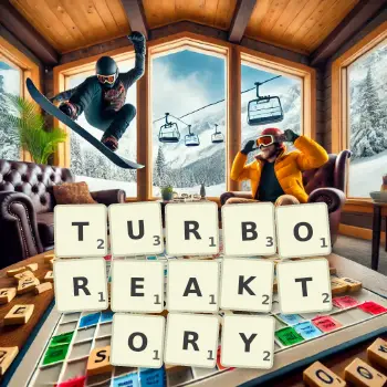 Kreatywna ilustracja do gry w Scrabble ze słowem TURBOREAKTORY ułożonym z płytek na planszy.