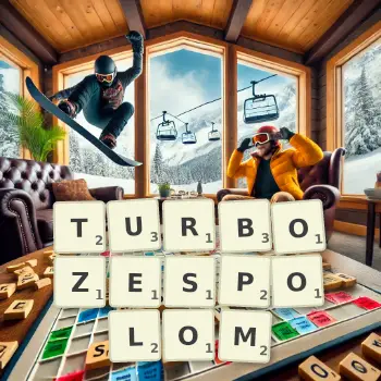 Kreatywna ilustracja do gry w Scrabble ze słowem TURBOZESPOLOM ułożonym z płytek na planszy.