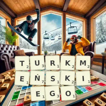 Kreatywna ilustracja do gry w Scrabble ze słowem TURKMEŃSKIEGO ułożonym z płytek na planszy.