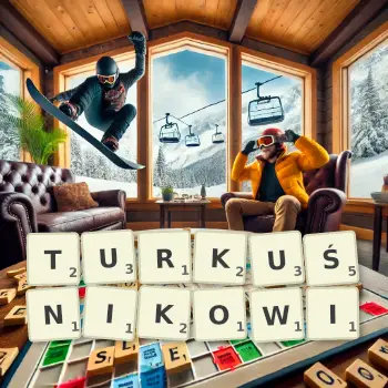 Kreatywna ilustracja do gry w Scrabble ze słowem TURKUŚNIKOWI ułożonym z płytek na planszy.