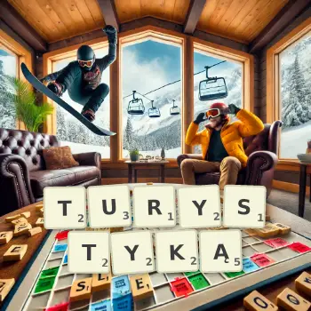 Kreatywna ilustracja do gry w Scrabble ze słowem TURYSTYKĄ ułożonym z płytek na planszy.