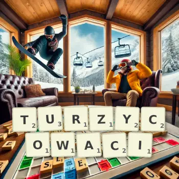 Kreatywna ilustracja do gry w Scrabble ze słowem TURZYCOWACI ułożonym z płytek na planszy.