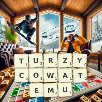 Kreatywna ilustracja do gry w Scrabble ze słowem TURZYCOWATEMU ułożonym z płytek na planszy.