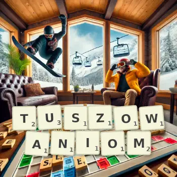 Kreatywna ilustracja do gry w Scrabble ze słowem TUSZOWANIOM ułożonym z płytek na planszy.